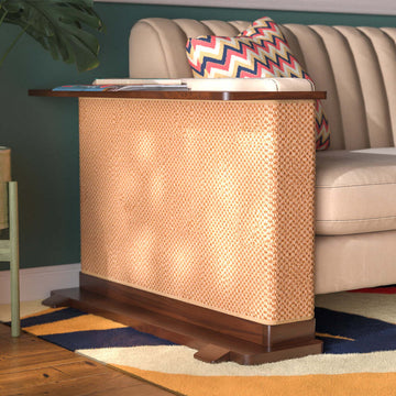 Cat-e-Corner reviews: walnut-finish CozeCat Side Table with a sisal side placed against the arm of a beige sofa