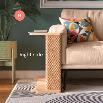 Gifts for cat owners: right-side Maple-finish CozeCat Side Table beside a cream sofa