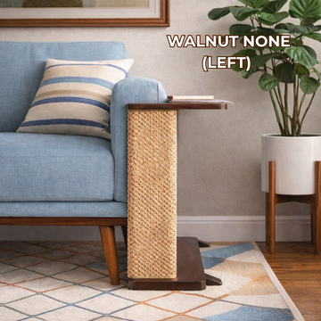 Do cat scratch furniture protectors work: left-side Walnut-finish CozeCat Side Table beside a blue sofa